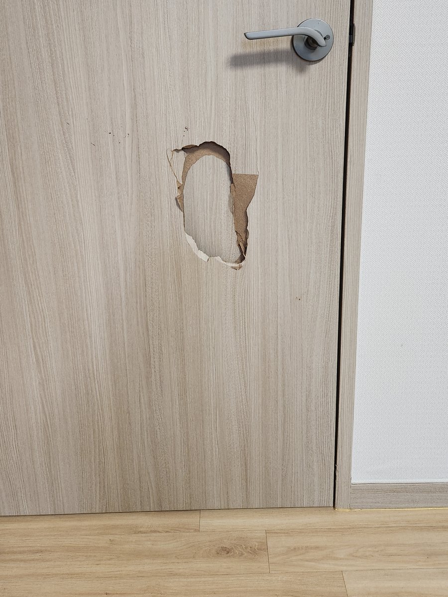 방문 가운데가 뚫려 속지가 드러난 상태 - 작업 전